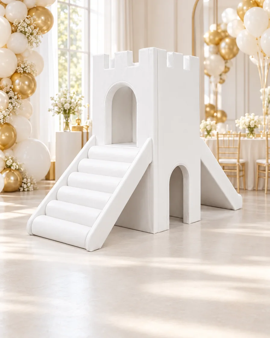 PlayCurator Castle Soft Play Double Slide Climber — White 1 White castle Soft Play Double Slide Climber in a kids party room indoor playground