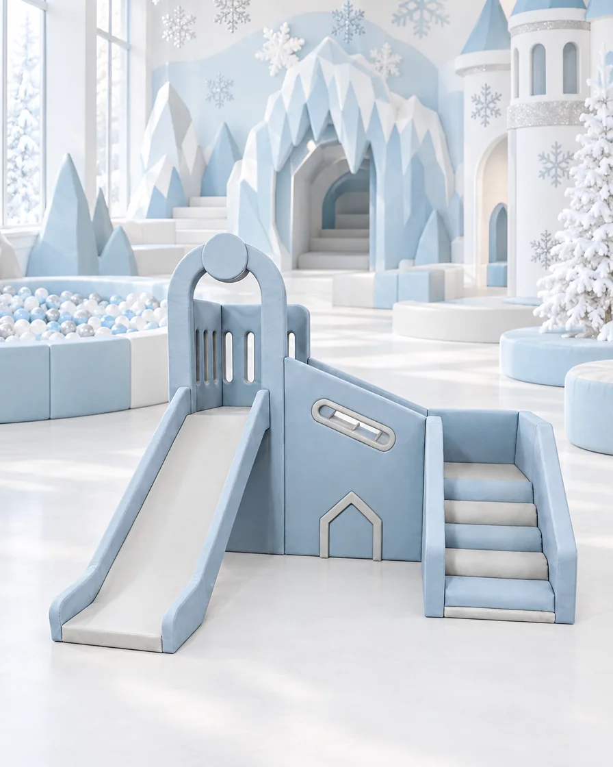 PlayCurator Castle Soft Play Slide Climber — Dusty Blue 1 Dusty Blue castle Soft Play Slide Climber in a ice and snow theme indoor playground