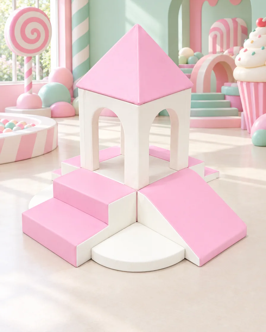 Pink & White castle Tower Soft Play Climber in a candy theme indoor playground