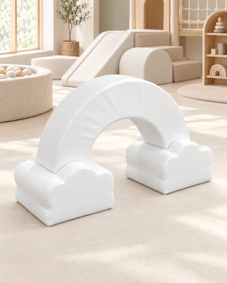 PlayCurator Cloud Rainbow Soft Play Arch — White 1 White cloud Rainbow Soft Play Arch in a soft play center indoor playground