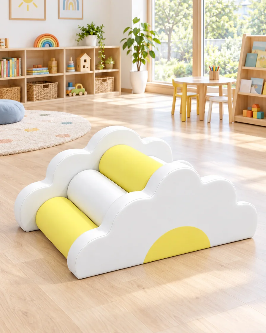 PlayCurator Cloud Roller Soft Play Climber — Yellow & White 1 Yellow & White cloud Roller Soft Play Climber in a kindergarten playroom indoor playground