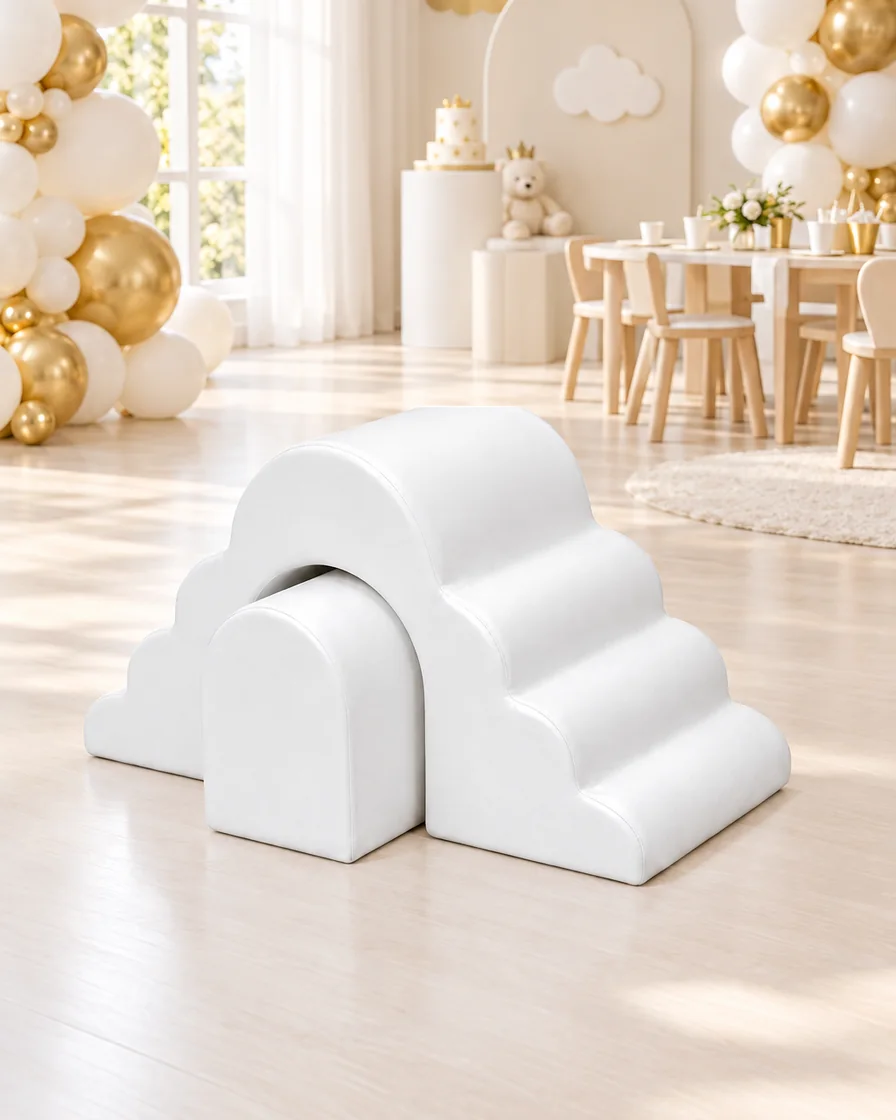 White cloud Tunnel Soft Play Climber in a kids party room indoor playground