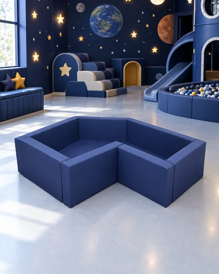 PlayCurator Corner Soft Play Ball Pit — Navy 1 Navy corner Soft Play Ball Pit in a space theme indoor playground