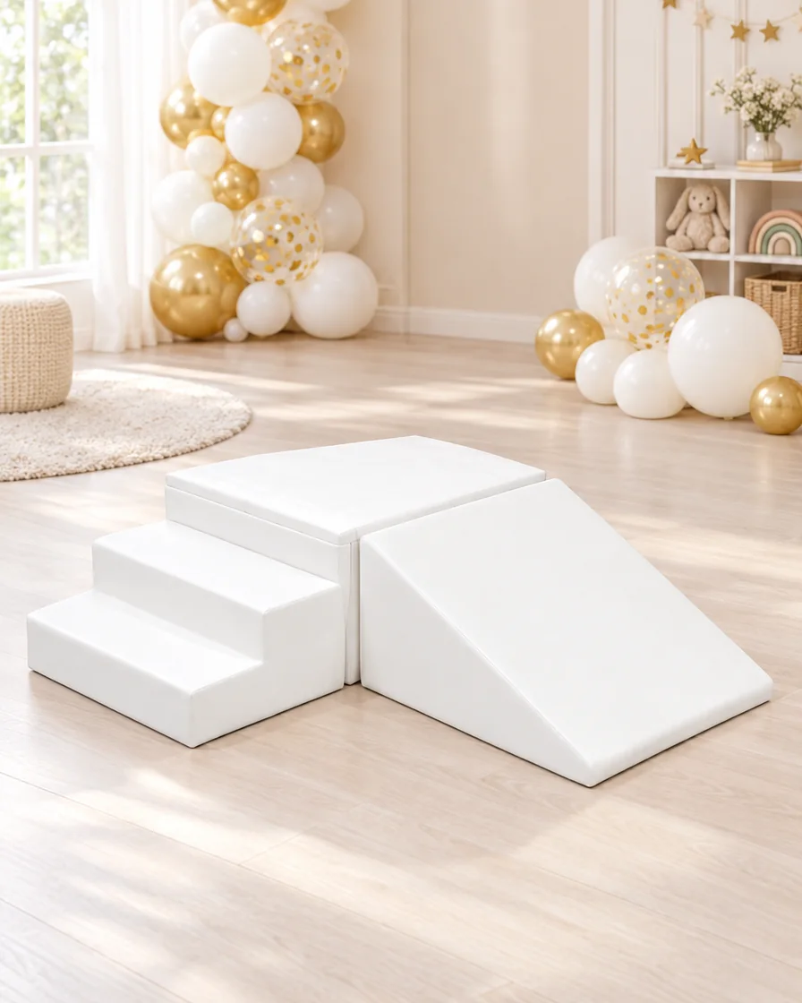 PlayCurator Corner Step & Ramp Soft Play Climber — White 1 White corner Step & Ramp Soft Play Climber in a kids party room indoor playground