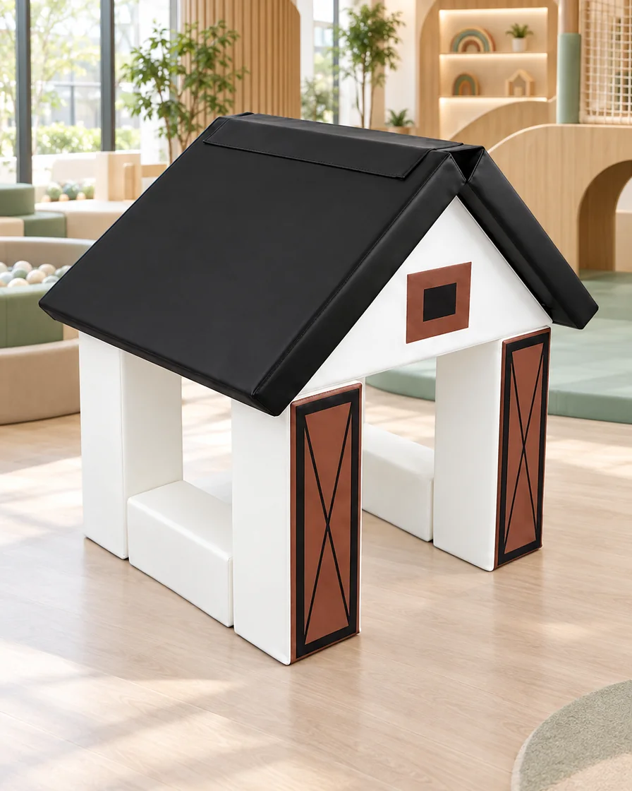 PlayCurator Cottage Soft Play Playhouse — White & Black 1 White & Black cottage Soft Play Playhouse in a mall play zone indoor playground