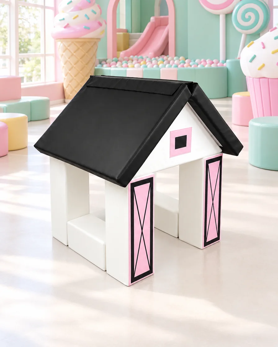 PlayCurator Cottage Soft Play Playhouse — White & Pink 1 White & Pink cottage Soft Play Playhouse in a candy theme indoor playground