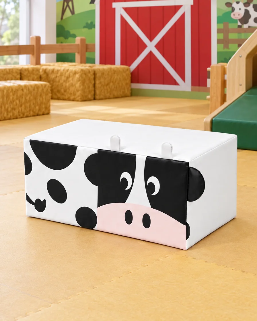 Black & White cow Soft Play Bench in a farm theme corner indoor playground
