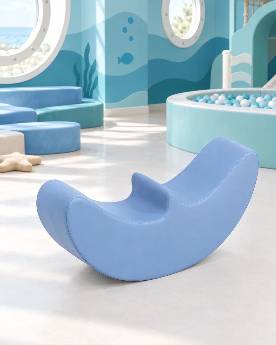PlayCurator Crescent Balance Soft Play Rocker — Periwinkle Blue 1 Periwinkle Blue crescent Balance Soft Play Rocker in a ocean theme indoor playground