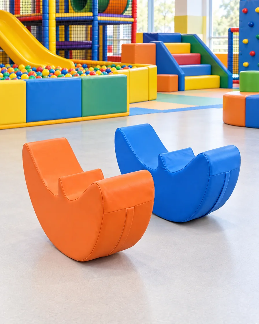 Blue & Orange crescent Soft Play Rocker in a family entertainment center indoor playground