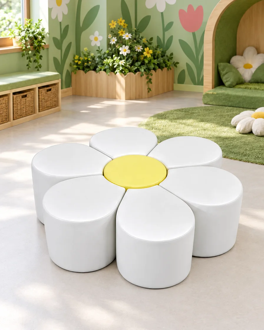PlayCurator Daisy Soft Play Seating — White & Yellow 1 White & Yellow daisy Soft Play Seating in a garden theme corner indoor playground