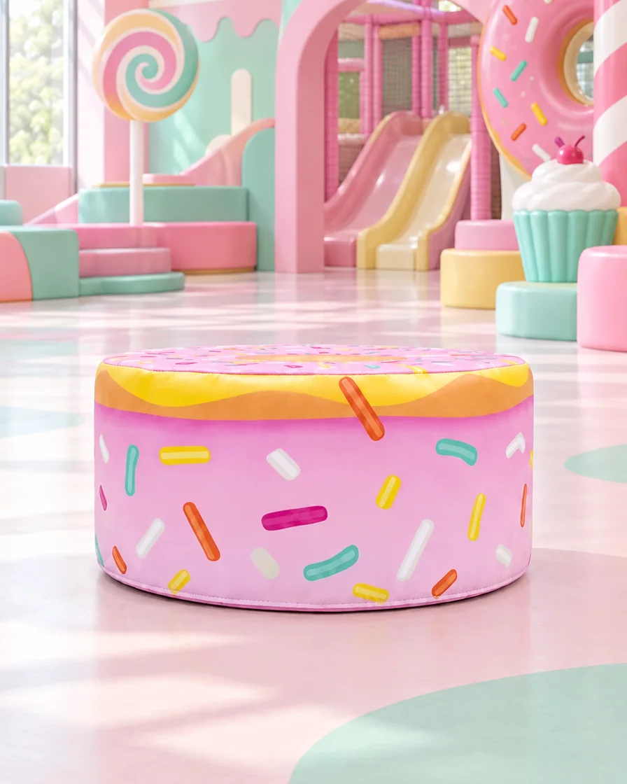 PlayCurator Donut Soft Play Stool — Pink 1 Donut Soft Play Stool Pink in a candy theme indoor playground