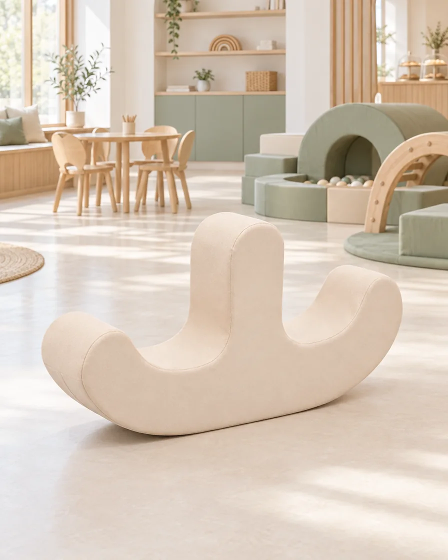 PlayCurator Double-Seat Soft Play Rocker — Beige 1 Beige double-Seat Soft Play Rocker in a Scandinavian soft play cafe indoor playground