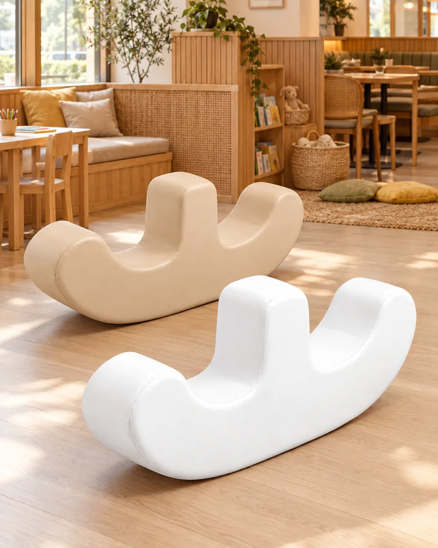 Beige & White double-Seat Soft Play Rocker in a restaurant kids corner indoor playground