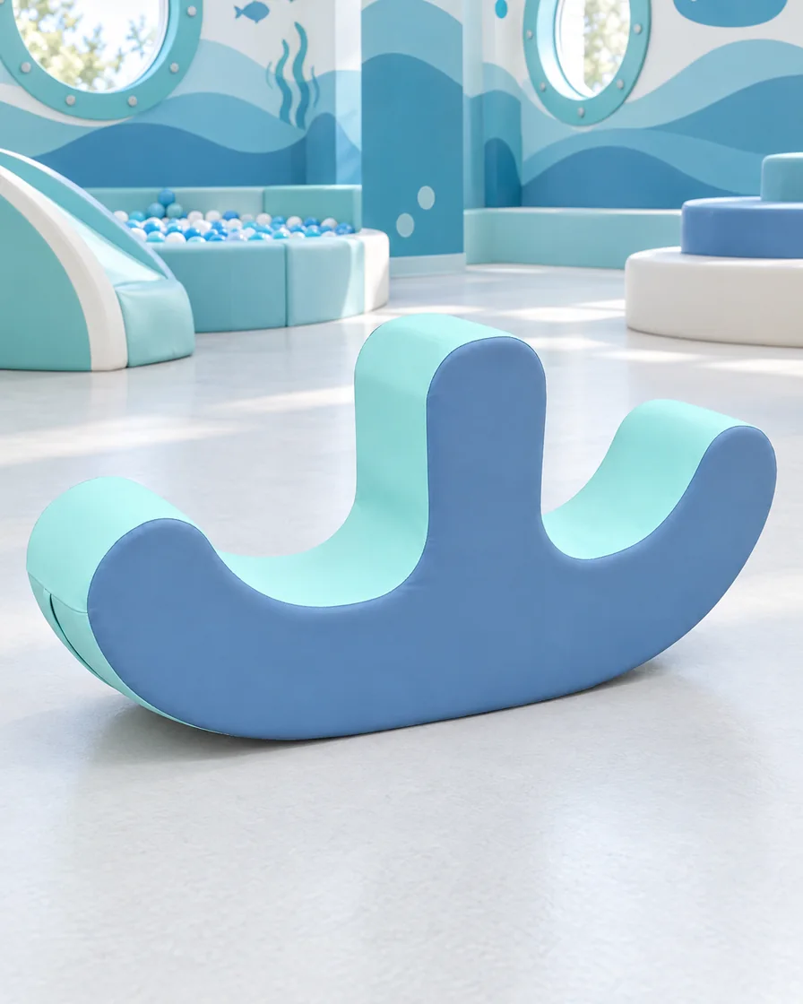 PlayCurator Double-Seat Soft Play Rocker — Blue & Aqua 1 Blue & Aqua double-Seat Soft Play Rocker in a ocean theme indoor playground