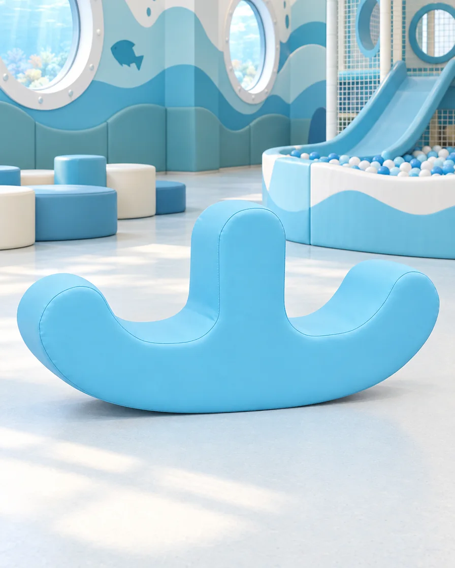 PlayCurator Double-Seat Soft Play Rocker — Blue 1 Blue double-Seat Soft Play Rocker in a ocean theme indoor playground