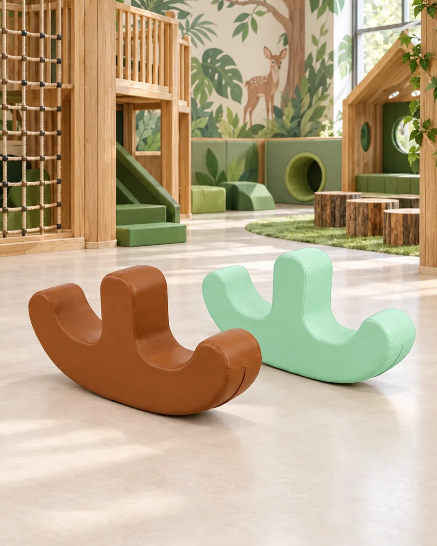 Brown & Mint double-Seat Soft Play Rocker in a jungle theme indoor playground