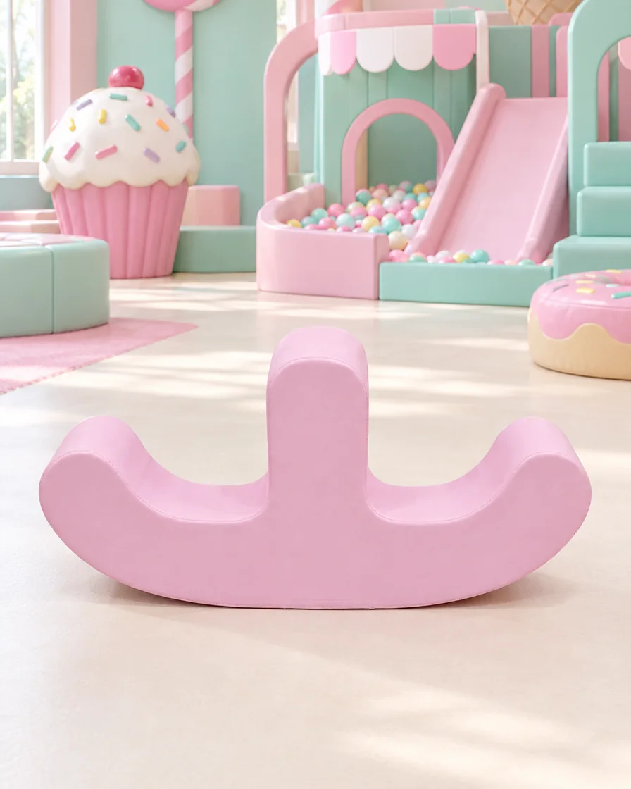 PlayCurator Double-Seat Soft Play Rocker — Dusty Pink 1 Dusty Pink double-Seat Soft Play Rocker in a candy theme indoor playground