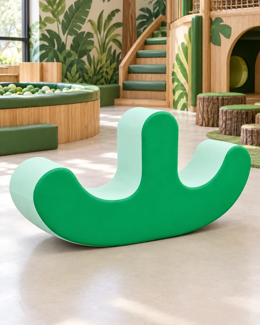 PlayCurator Double-Seat Soft Play Rocker — Green & Mint 1 Green & Mint double-Seat Soft Play Rocker in a jungle theme indoor playground