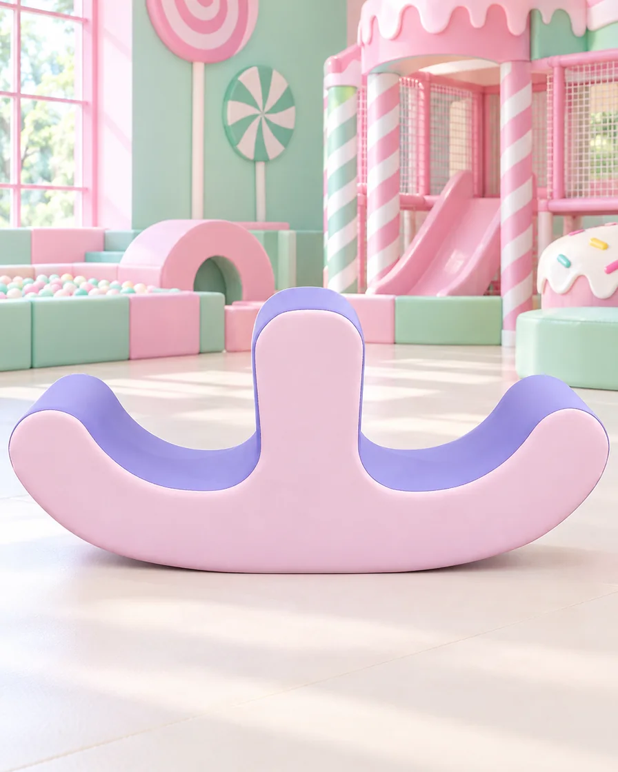 Pink & Lilac double-Seat Soft Play Rocker in a candy theme indoor playground