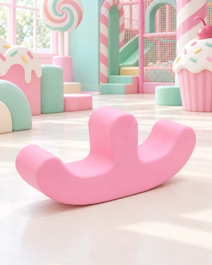 PlayCurator Double-Seat Soft Play Rocker — Pink 1 Pink double-Seat Soft Play Rocker in a candy theme indoor playground