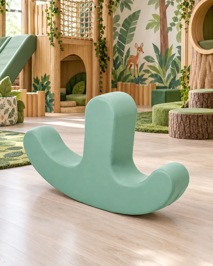 PlayCurator Double-Seat Soft Play Rocker — Sage Green 1 Sage Green double-Seat Soft Play Rocker in a jungle theme indoor playground