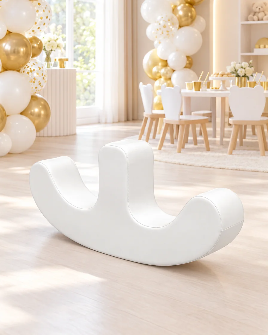 White double-Seat Soft Play Rocker in a kids party room indoor playground