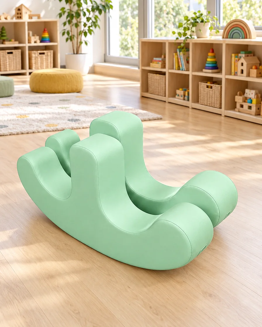 PlayCurator Double-Seat Soft Play Rocker with Grip Handles — Mint Green 1 Mint Green double-Seat Soft Play Rocker with Grip Handles in a kindergarten playroom indoor playground