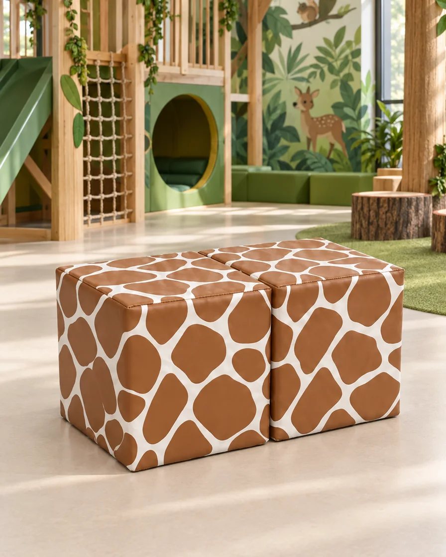 PlayCurator Double Soft Play Cube — Giraffe Print 1 Double Soft Play Cube Giraffe Print in a jungle theme indoor playground