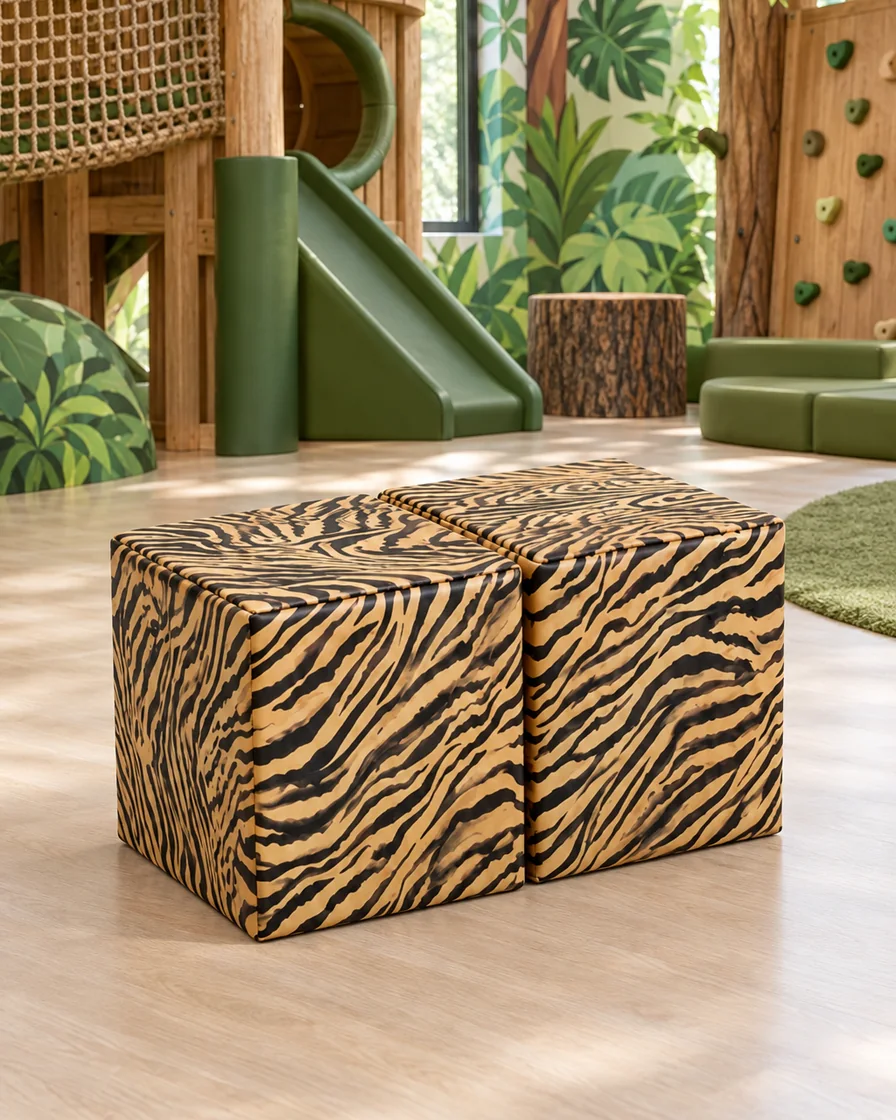 PlayCurator Double Soft Play Cube — Tiger Stripe 1 Double Soft Play Cube Tiger Stripe in a jungle theme indoor playground