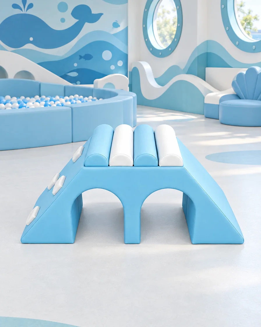 PlayCurator Double Tunnel Soft Play Climber — Blue & White 1 Blue & White double Tunnel Soft Play Climber in a ocean theme indoor playground