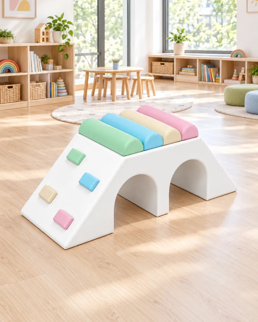 PlayCurator Double Tunnel Soft Play Climber — Pastel 1 Pastel double Tunnel Soft Play Climber in a kindergarten playroom indoor playground