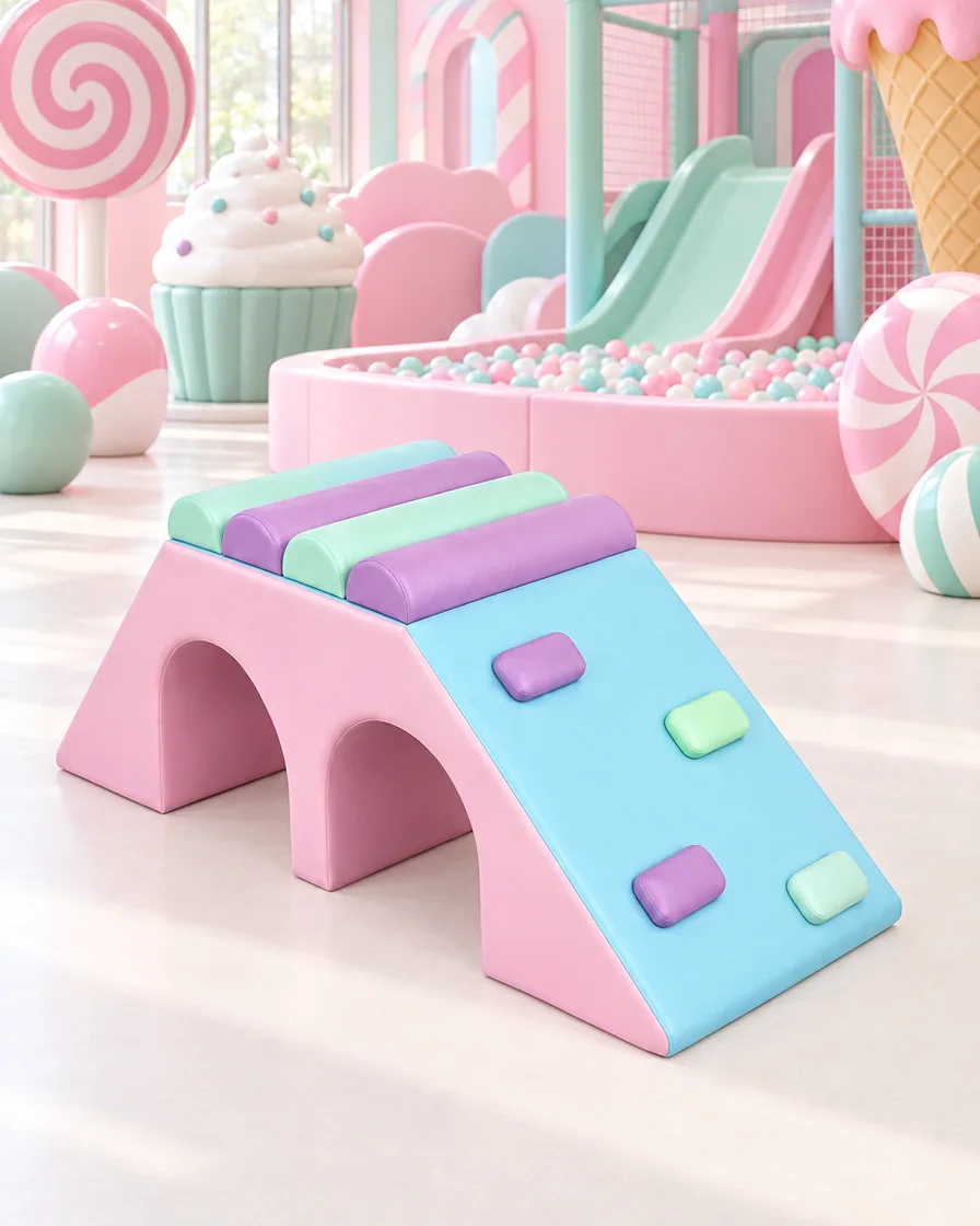 PlayCurator Double Tunnel Soft Play Climber — Pink & Blue 1 Pink & Blue double Tunnel Soft Play Climber in a candy theme indoor playground