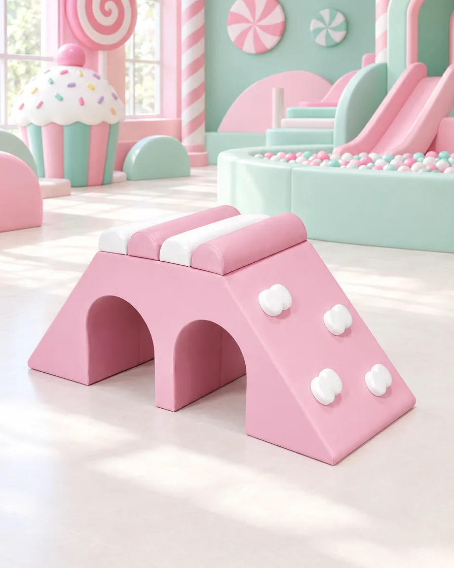 PlayCurator Double Tunnel Soft Play Climber — Pink & White 1 Pink & White double Tunnel Soft Play Climber in a candy theme indoor playground