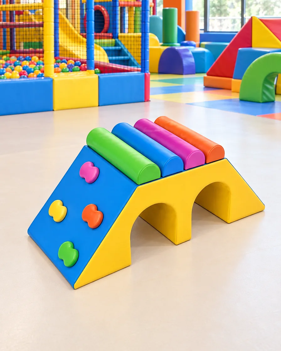 PlayCurator Double Tunnel Soft Play Climber — Rainbow 1 Rainbow double Tunnel Soft Play Climber in a family entertainment center indoor playground
