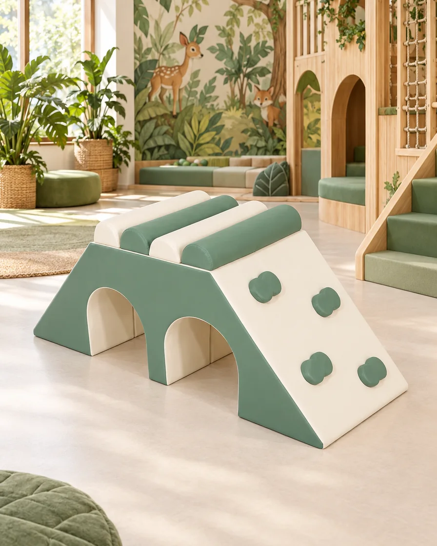 Sage Green & Cream double Tunnel Soft Play Climber in a jungle theme indoor playground