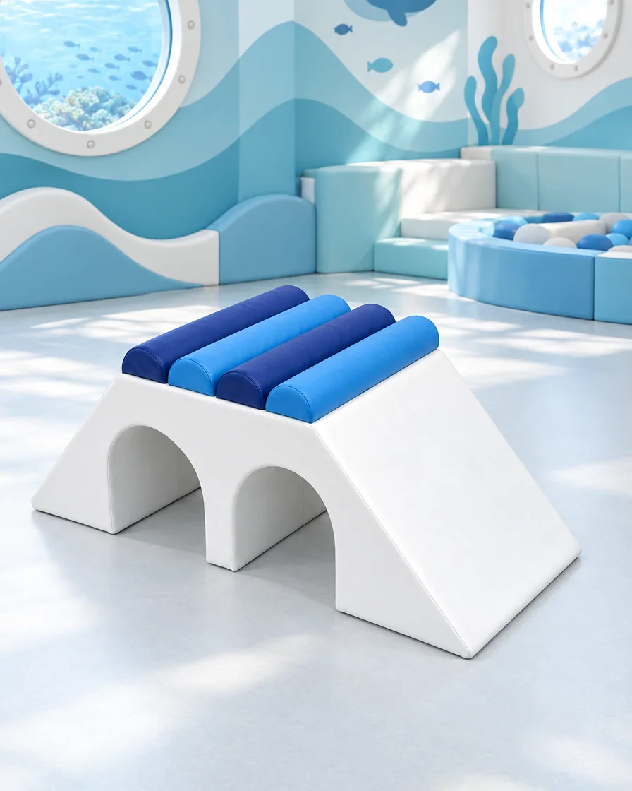 PlayCurator Double Tunnel Soft Play Climber — White & Blue 1 White & Blue double Tunnel Soft Play Climber in a ocean theme indoor playground