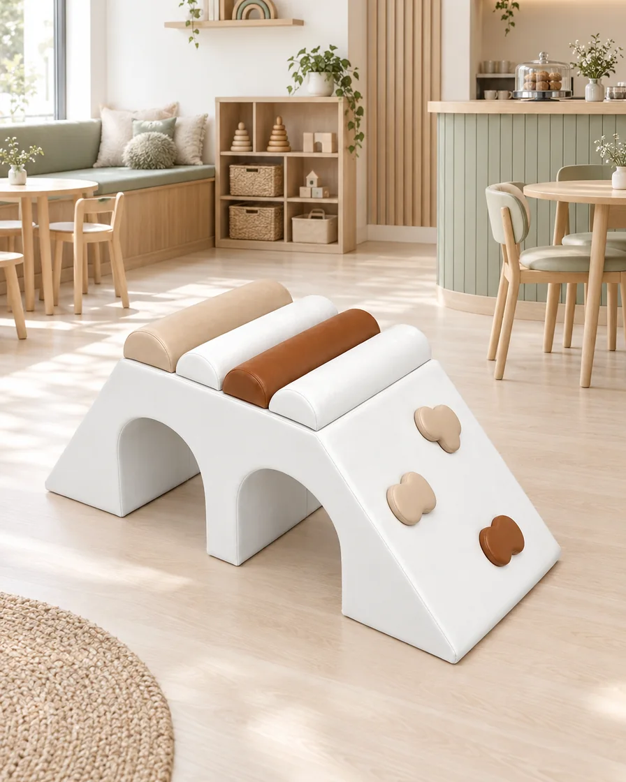 PlayCurator Double Tunnel Soft Play Climber — White & Brown 1 White & Brown double Tunnel Soft Play Climber in a Scandinavian soft play cafe indoor playground