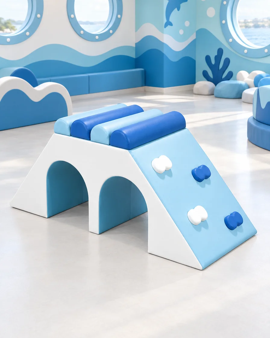 PlayCurator Double Tunnel Soft Play Climber — White & Sky Blue 1 White & Sky Blue double Tunnel Soft Play Climber in a ocean theme indoor playground