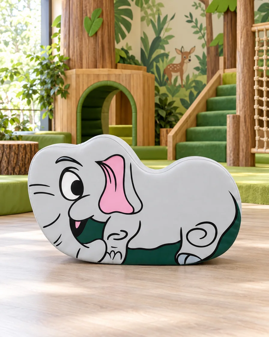 Grey elephant Soft Play Rocker in a jungle theme indoor playground