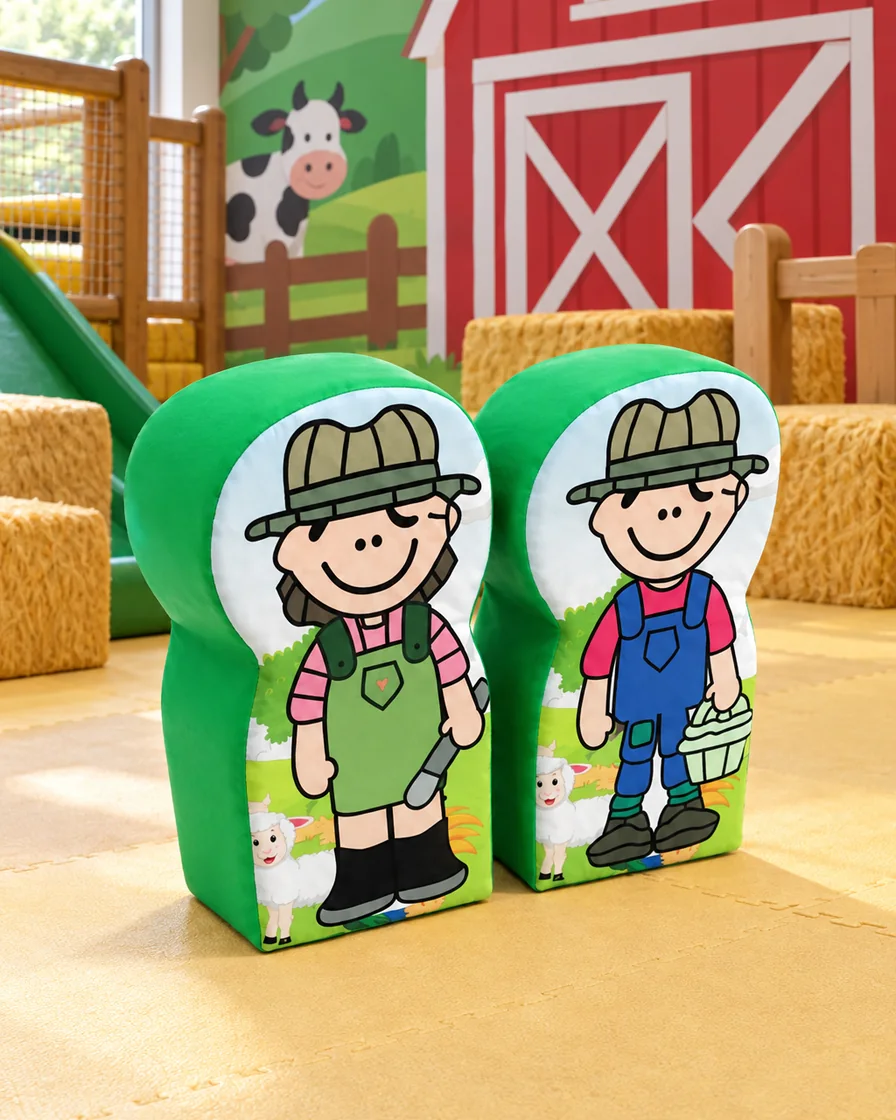 Farmer Character Soft Play Figures in a farm theme corner indoor playground