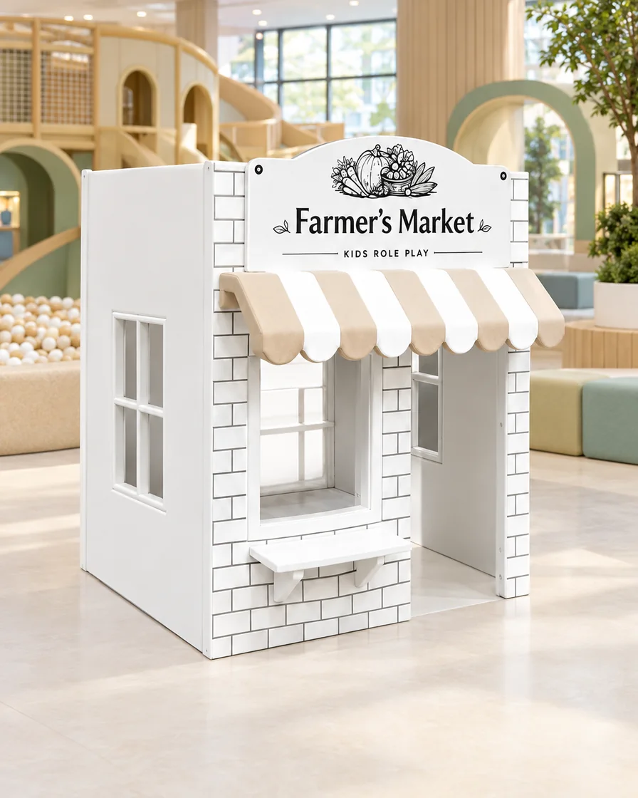 PlayCurator Farmers Market Role-Play Soft Play Playhouse — White & Beige 1 White & Beige farmers Market Role-Play Soft Play Playhouse in a mall play zone indoor playground