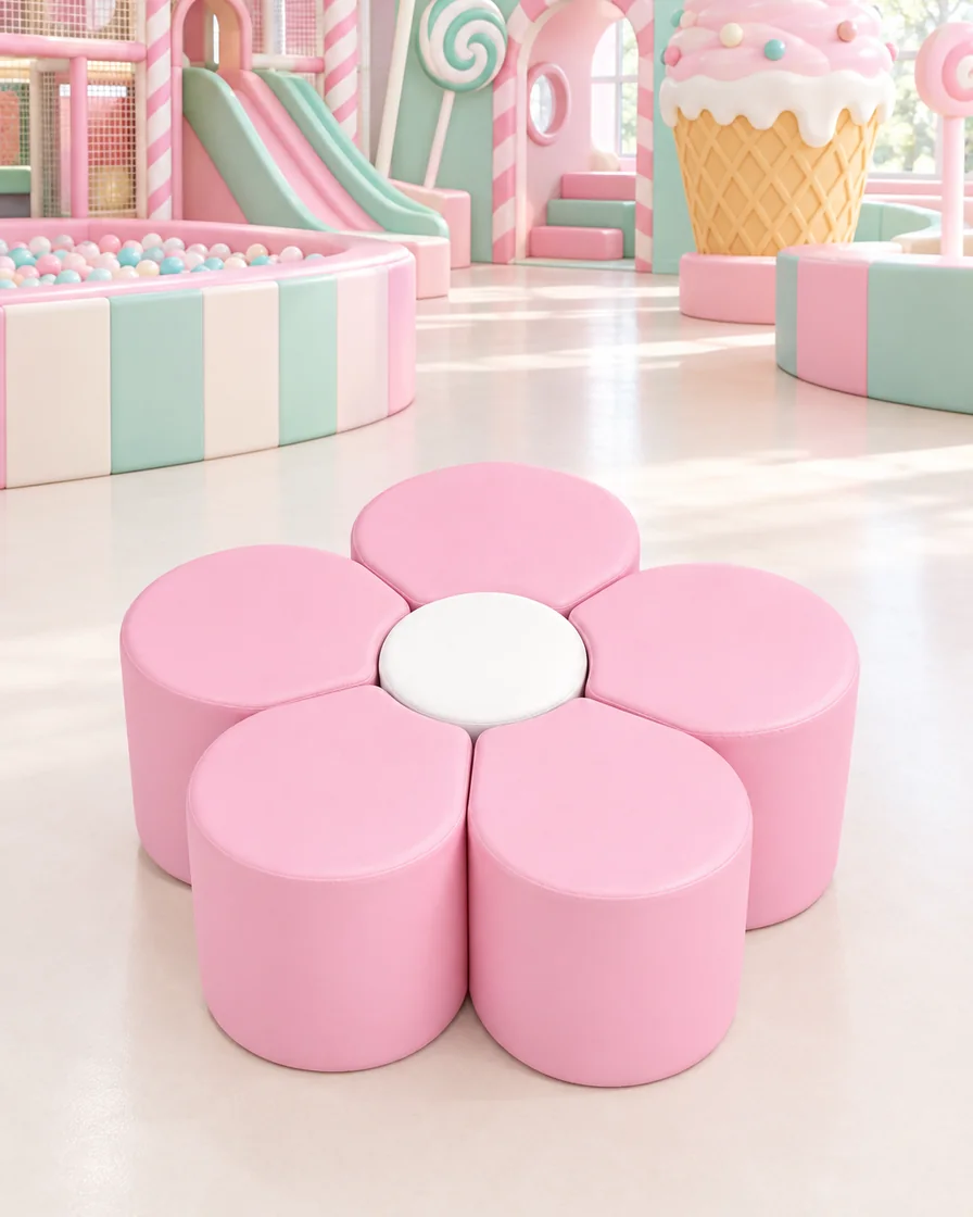 Pink & White five-Petal Flower Soft Play Seating in a candy theme indoor playground