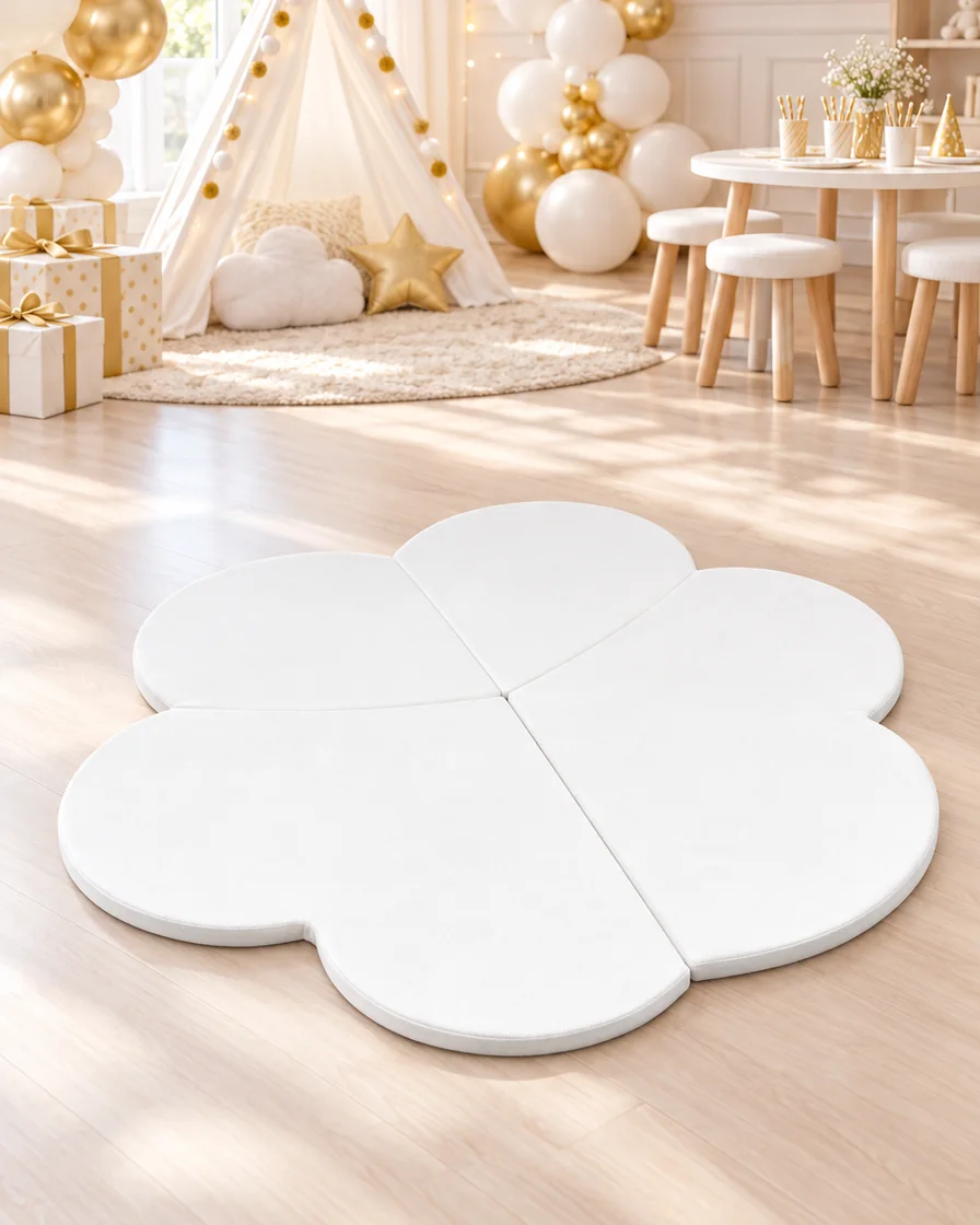 White flower Folding Soft Play Mat in a kids party room indoor playground