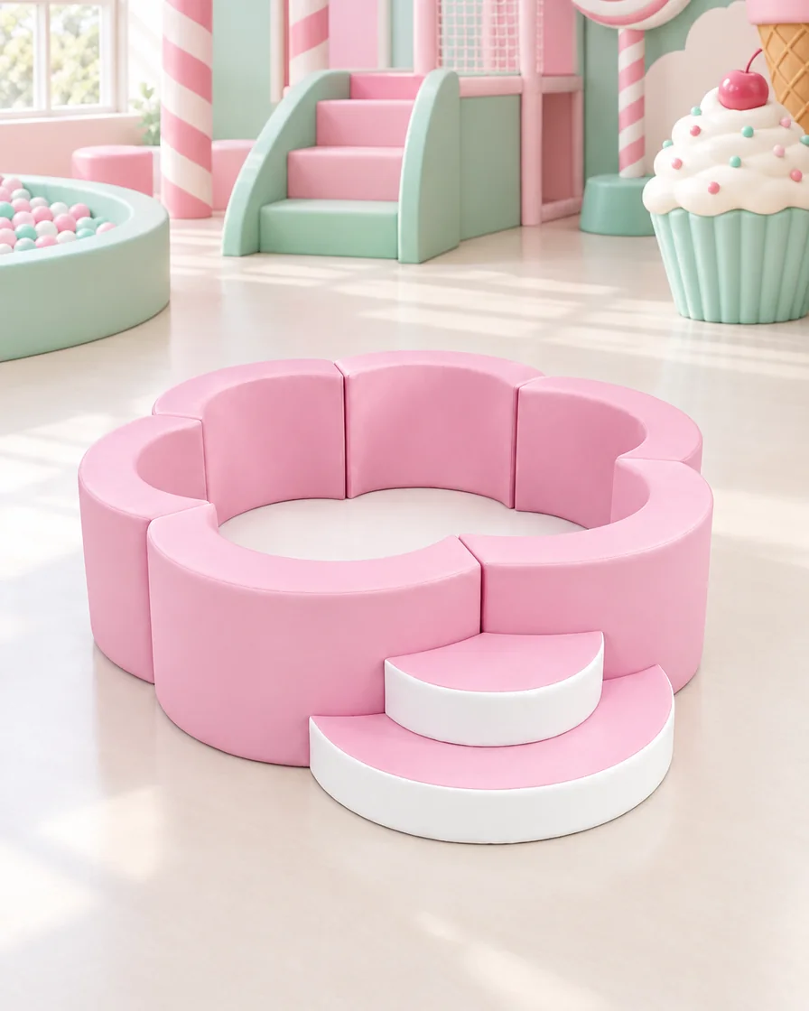 PlayCurator Flower Soft Play Ball Pit with Step — Pink & White 1 Pink & White flower Soft Play Ball Pit with Step in a candy theme indoor playground