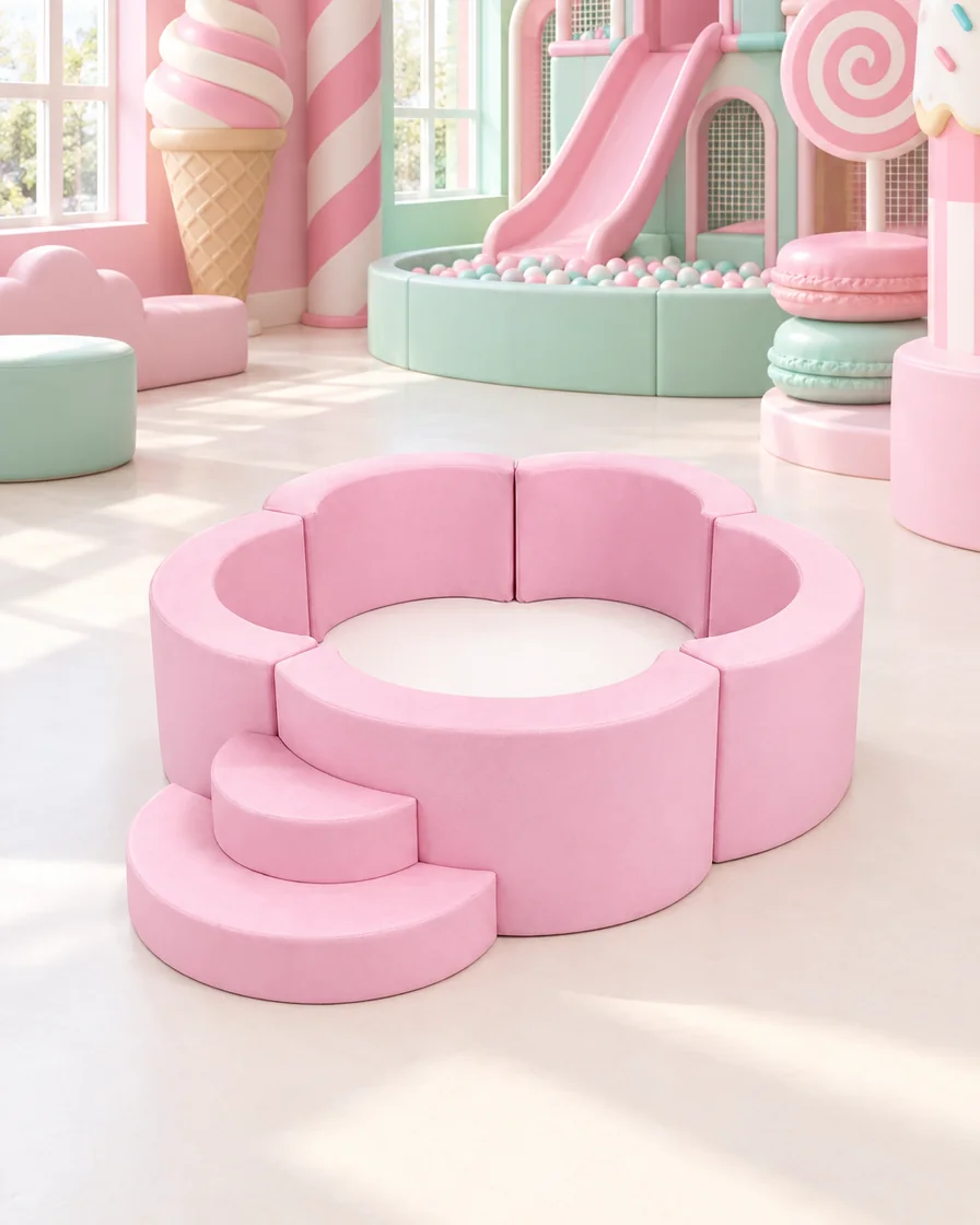 Pink flower Soft Play Ball Pit with Steps in a candy theme indoor playground