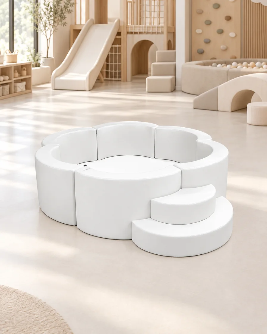 White flower Soft Play Ball Pit with Steps in a soft play center indoor playground