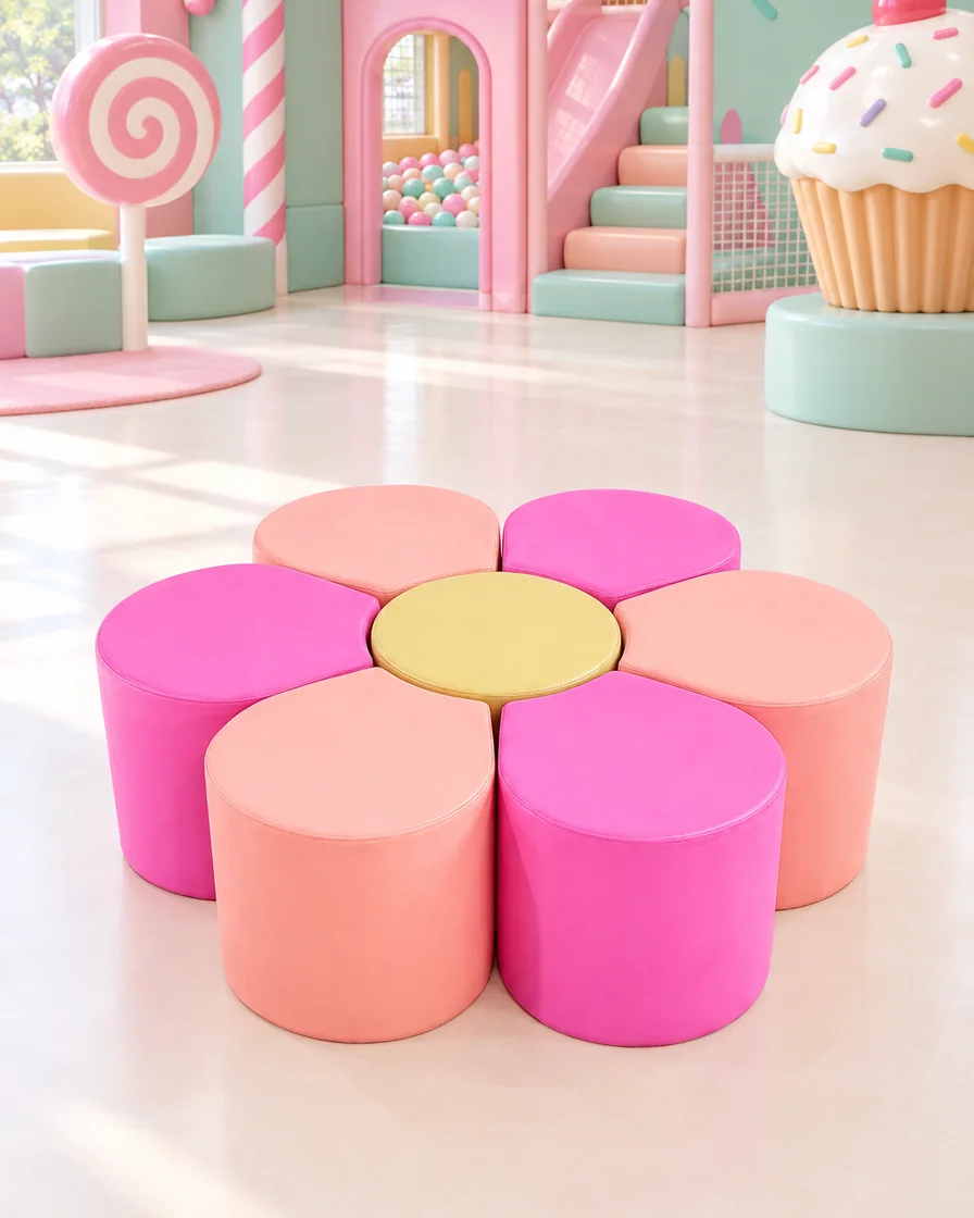 PlayCurator Flower Soft Play Seating — Hot Pink & Peach 1 Hot Pink & Peach flower Soft Play Seating in a candy theme indoor playground