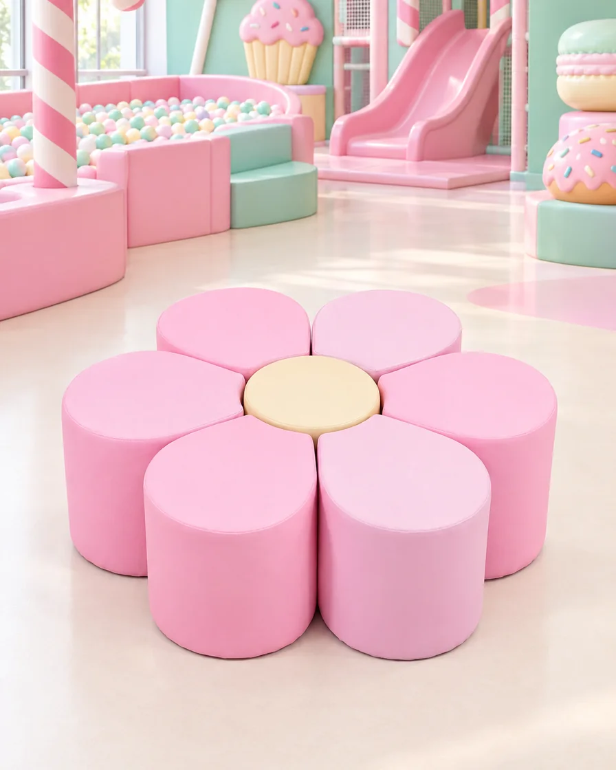 PlayCurator Flower Soft Play Seating — Pink & Cream 1 Pink & Cream flower Soft Play Seating in a candy theme indoor playground