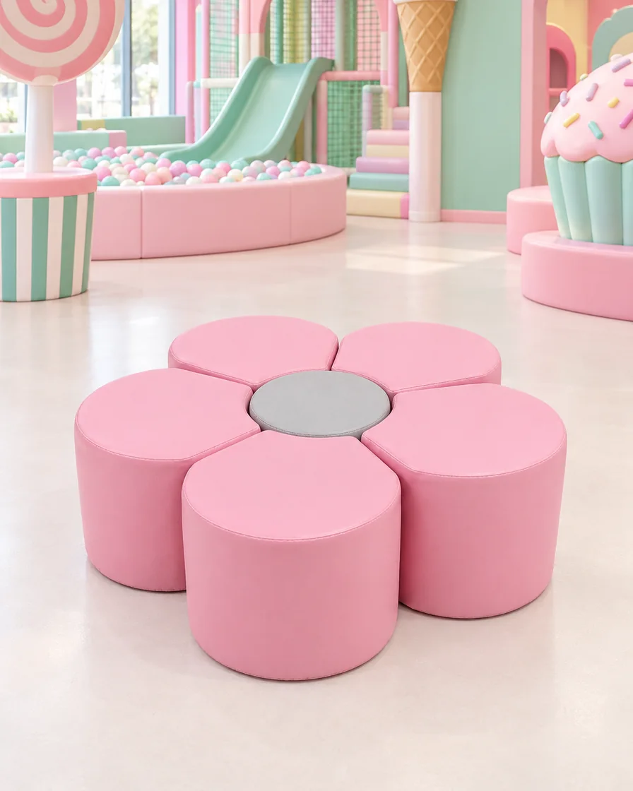 Pink flower Soft Play Seating in a candy theme indoor playground