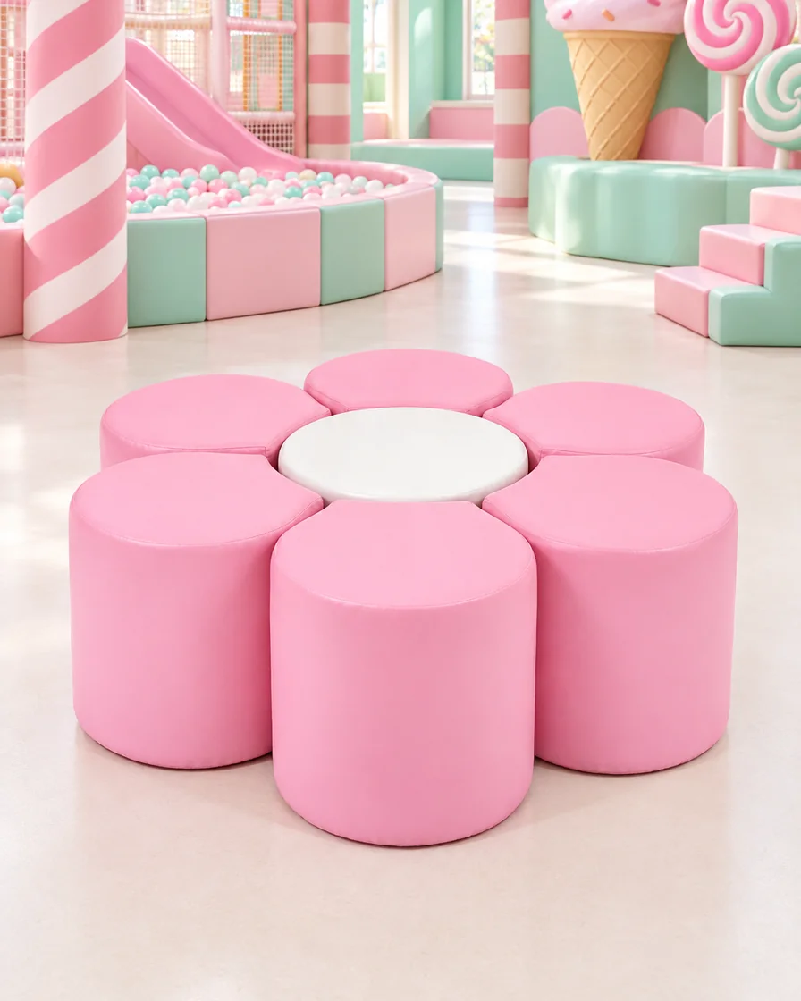 Pink with White Center flower Soft Play Seating in a candy theme indoor playground